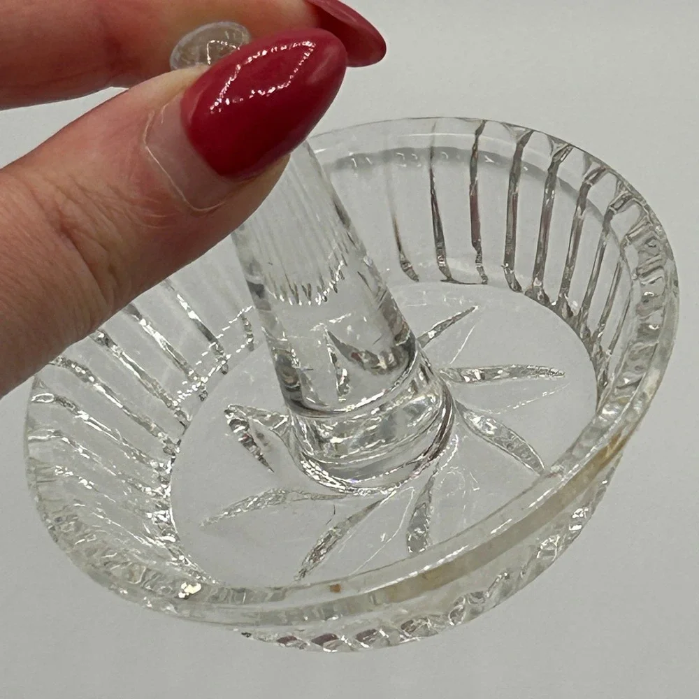 Vintage Clear Pressed Glass Thick Ring Holder Starburst Base Ribbed Trinket Dish